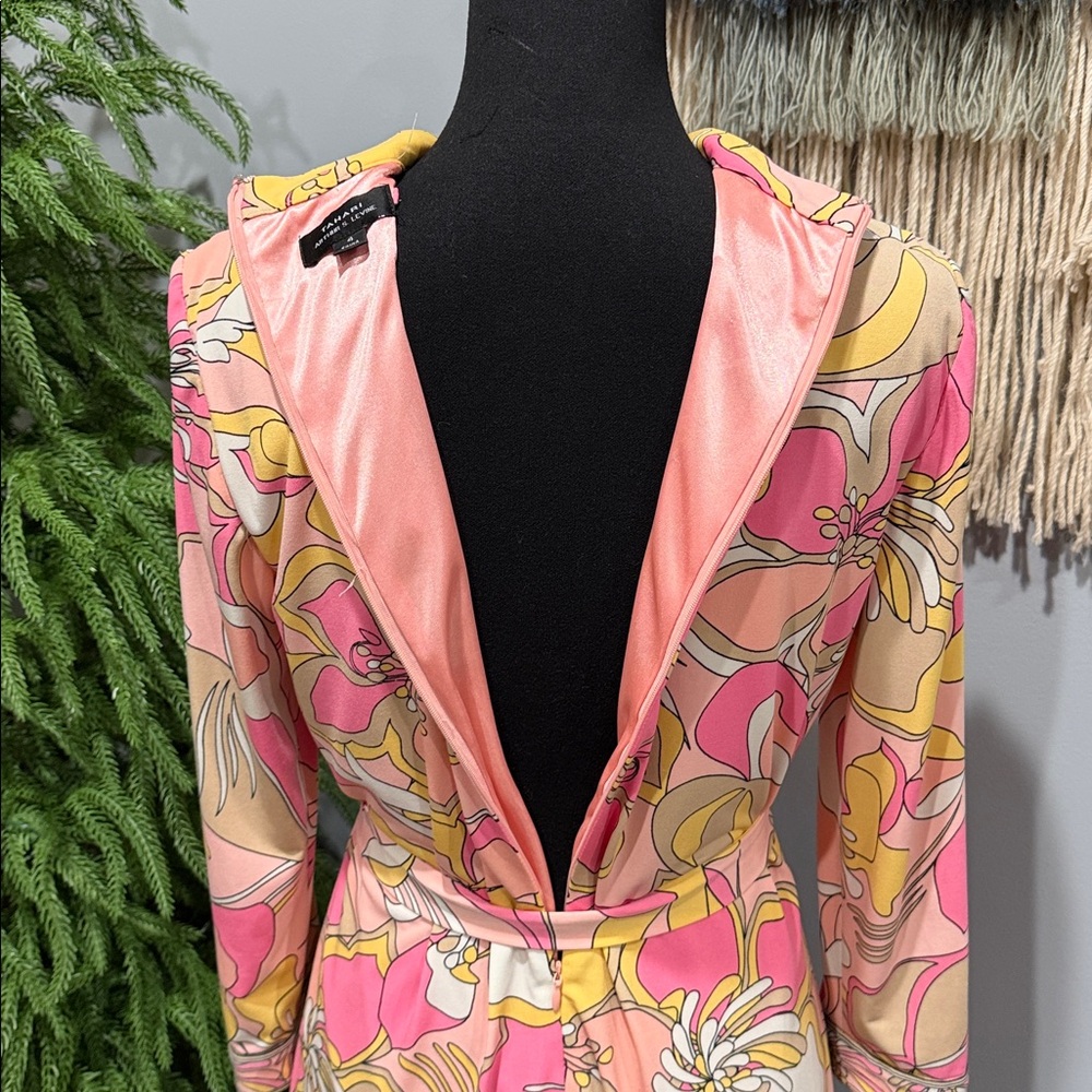 Tahari Arthur S. Levine Floral Sheath Dress Pink Yellow Size 4 Belted Retro Mod - Picture 8 of 8